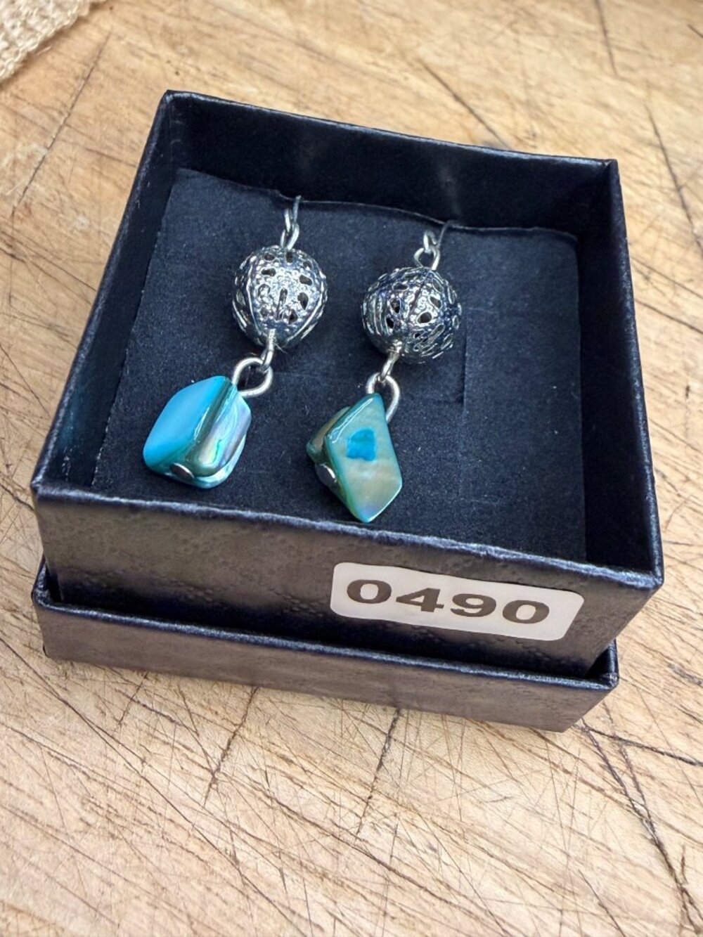 Handcrafted Silver & Turquoise Dangle Earrings With Textured Beads And Shell Acc